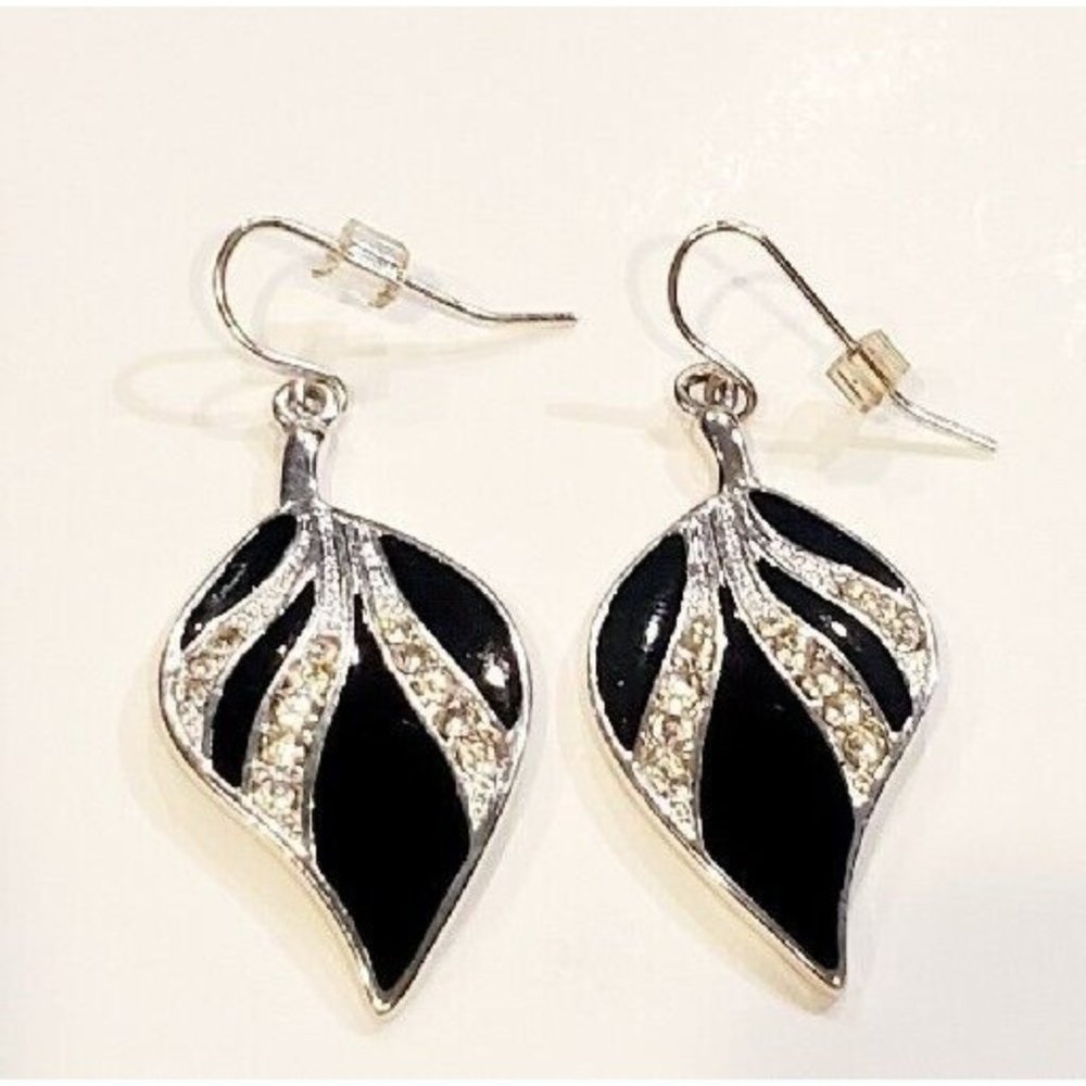 Pierced Dangle Textured Earrings Boho Leaf Black Silver Tone Rhinestones 1.75"